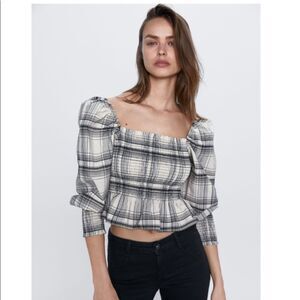ZARA Smocked Peplum Style Linen Crop Top Sz‎ Small